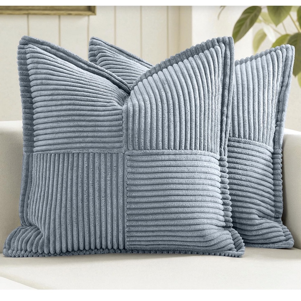 ‘Couch Bed Living Room’ Dusty Blue Patchwork Pillow Covers SQUARE 18x18” 2-Pack